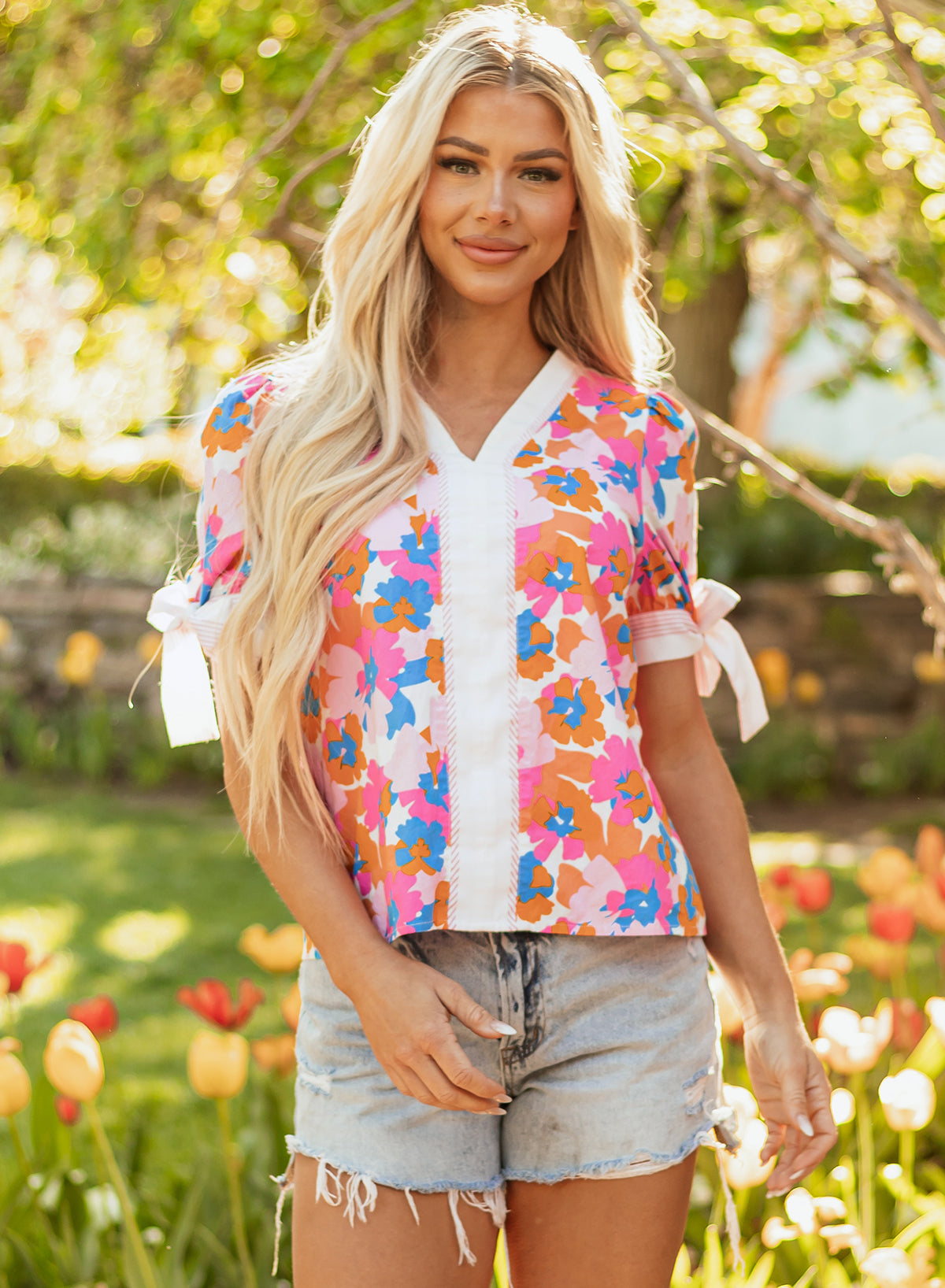White Floral Colorblock Striped Edge V Neck Knotted Short Sleeve Blouse-Tops/Blouses & Shirts-[Adult]-[Female]-2022 Online Blue Zone Planet
