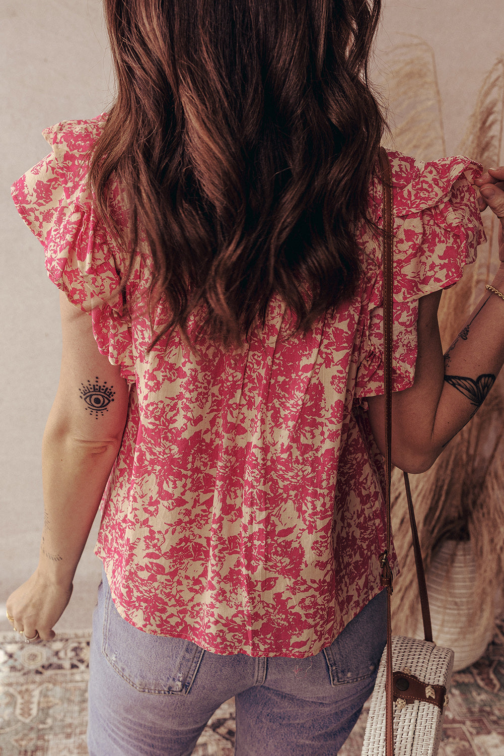 Rose Allover Printed Half Button Neck Ruffle Sleeve Blouse-Tops/Blouses & Shirts-[Adult]-[Female]-2022 Online Blue Zone Planet