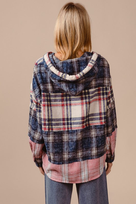 BiBi Drawstring Plaid Drop Shoulder Hoodie-TOPS / DRESSES-[Adult]-[Female]-2022 Online Blue Zone Planet