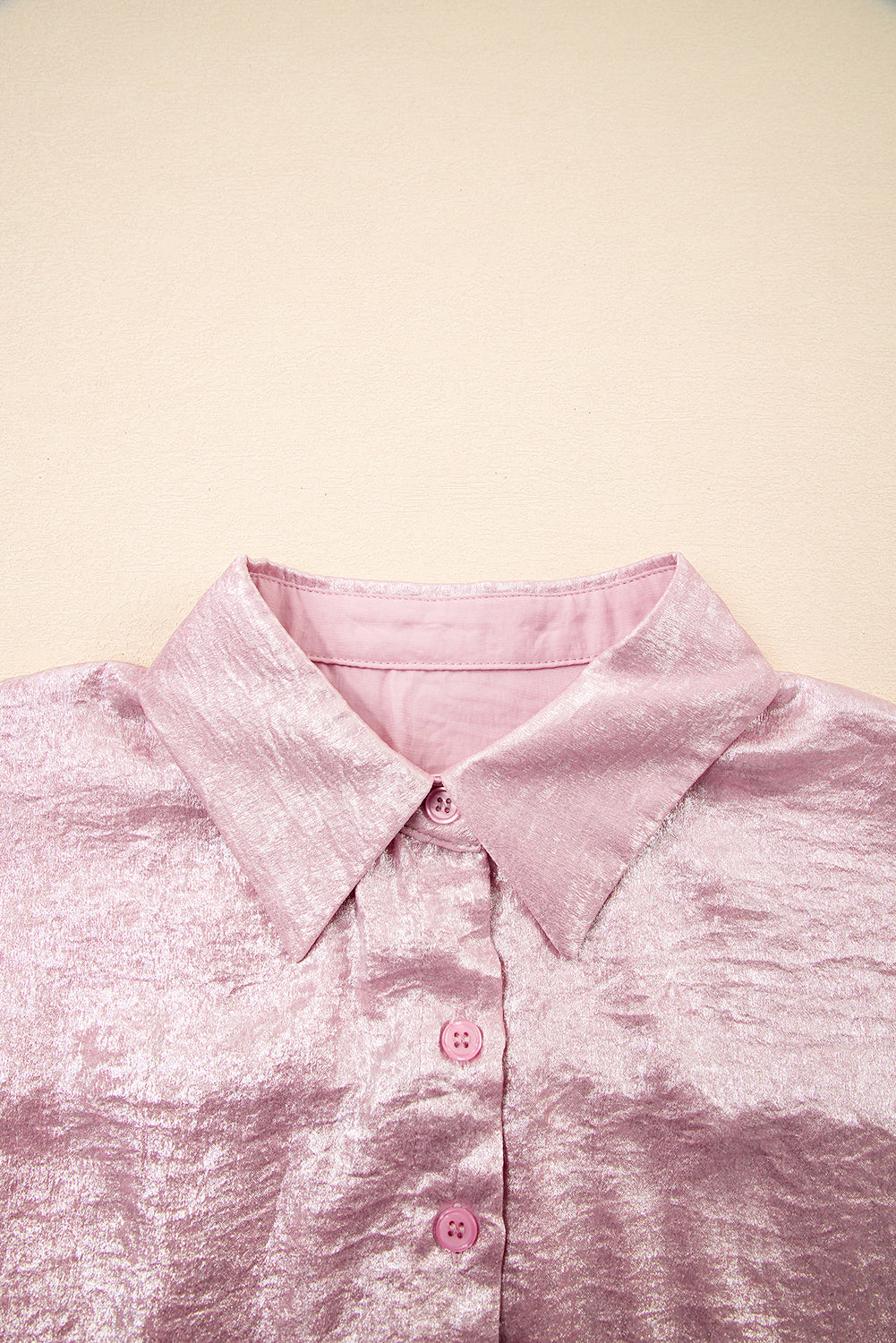 Pink Metallic Sheen Short Sleeve Buttoned Front Casual Shirt-Tops/Blouses & Shirts-[Adult]-[Female]-2022 Online Blue Zone Planet