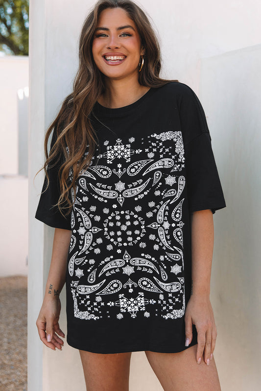 Black Paisley Print Crew Neck Loose Fit Tunic Tee-Graphic/Graphic Tees-[Adult]-[Female]-Black-S-2022 Online Blue Zone Planet
