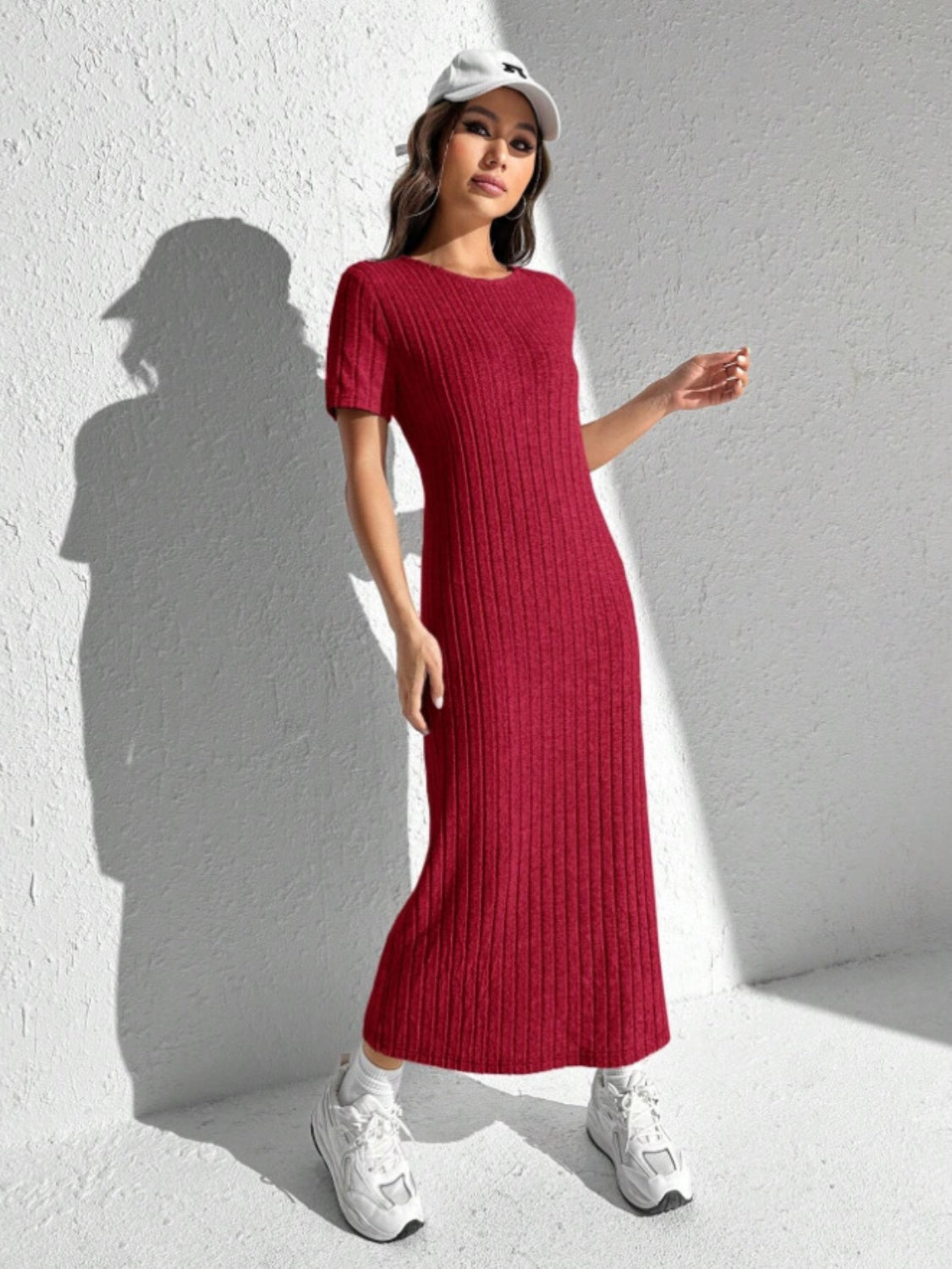 Slit Round Neck Short Sleeve Sweater Dress-TOPS / DRESSES-[Adult]-[Female]-Scarlet-S-2022 Online Blue Zone Planet