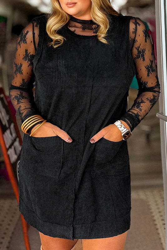 Black Plus Size Corduroy Patch Pocket Sleeveless Mini Dress-TOPS / DRESSES-[Adult]-[Female]-Black-1X-2022 Online Blue Zone Planet