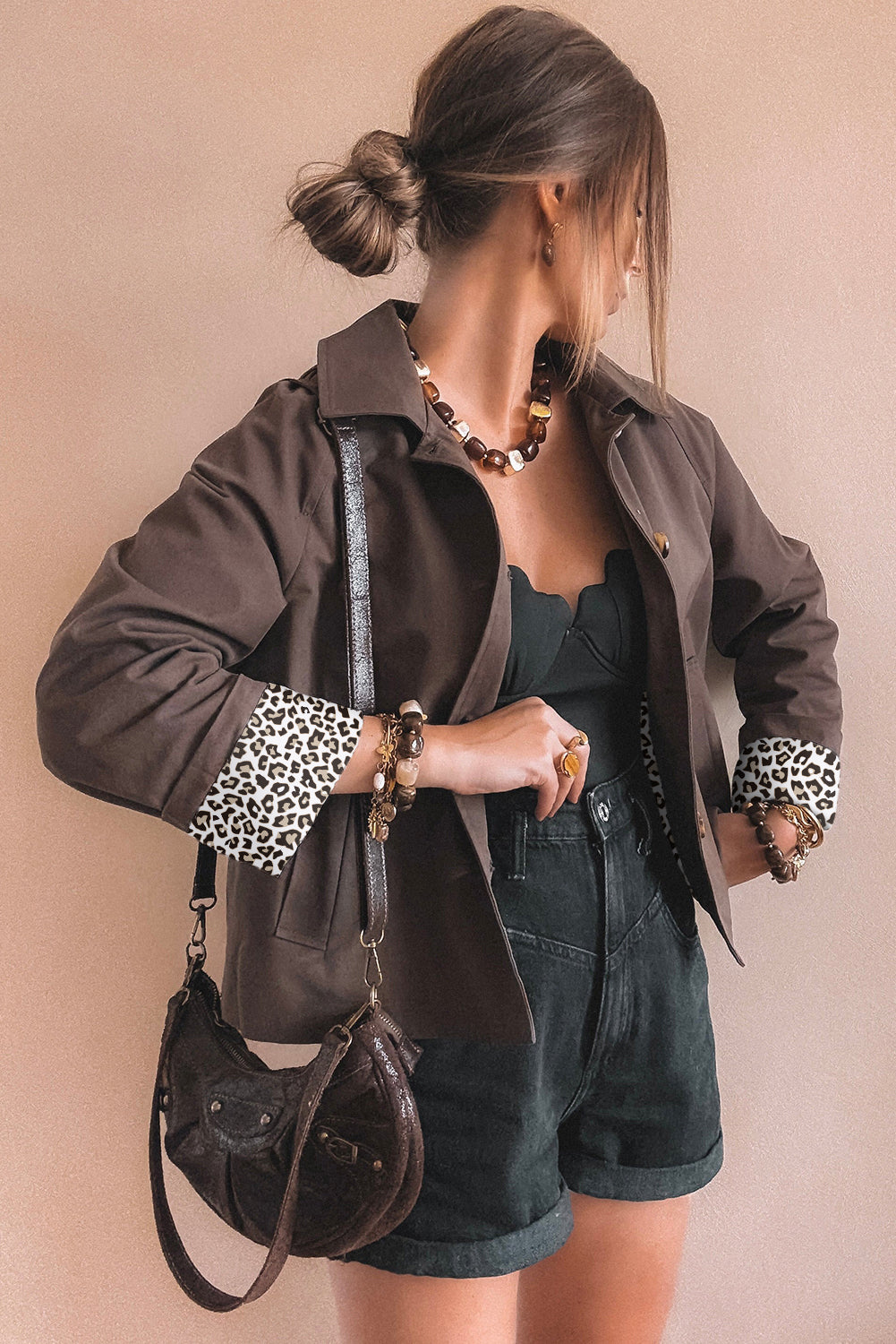 Dark Brown Collared Buttoned Leopard Liner Patchwork Chic Jacket-Outerwear/Jackets-[Adult]-[Female]-2022 Online Blue Zone Planet