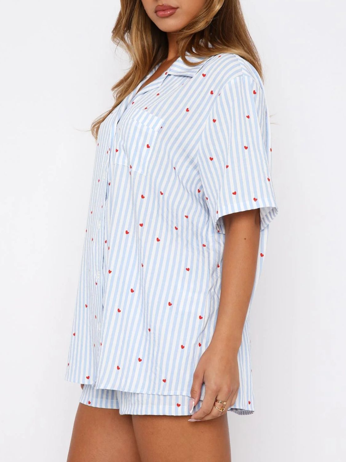 Valentine's Day Printed Collared Neck Short Sleeve Top and Shorts Set-TOPS / DRESSES-[Adult]-[Female]-2022 Online Blue Zone Planet