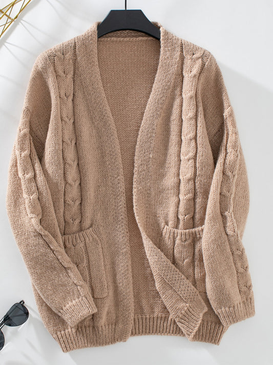 Blue Zone Planet | Cable-Knit Open Front Long Sleeve Cardigan-TOPS / DRESSES-[Adult]-[Female]-Tan-S-2022 Online Blue Zone Planet