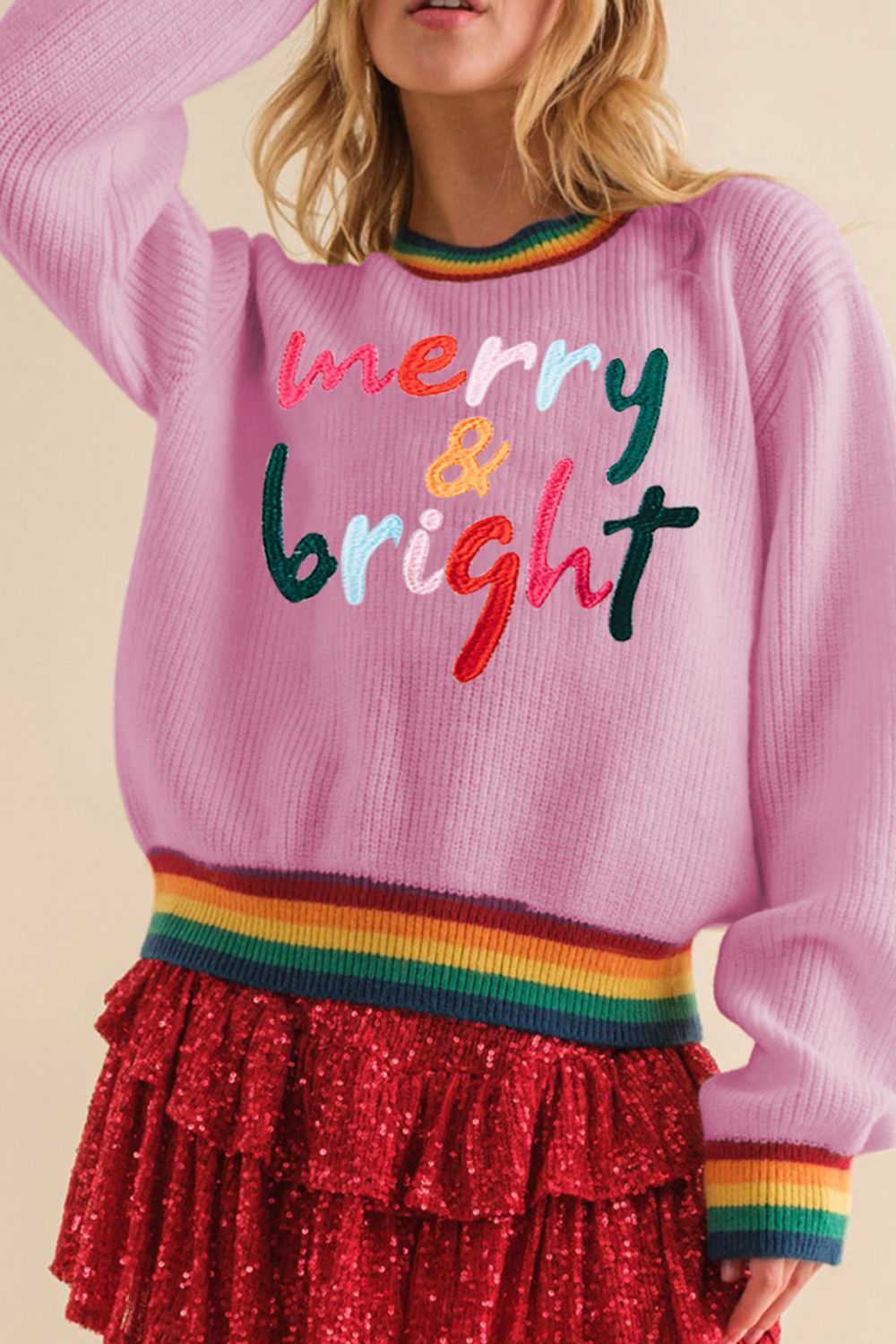 Blue Zone Planet | MERRY & BRIGHT Ribbed Round Neck Sweater-TOPS / DRESSES-[Adult]-[Female]-Pink-S-2022 Online Blue Zone Planet