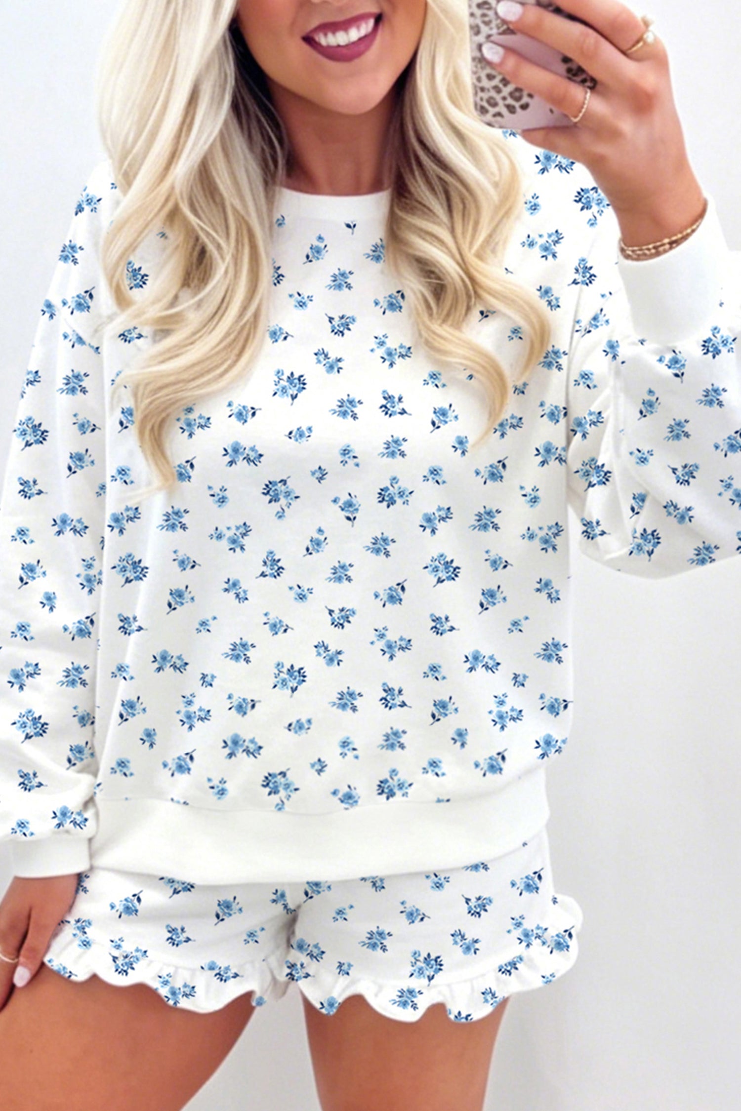 Sky Blue Floral Print Long Sleeve Top Elastic Waist Ruffle Hem Shorts 2pcs Set-Two Piece Sets/Short Sets-[Adult]-[Female]-2022 Online Blue Zone Planet
