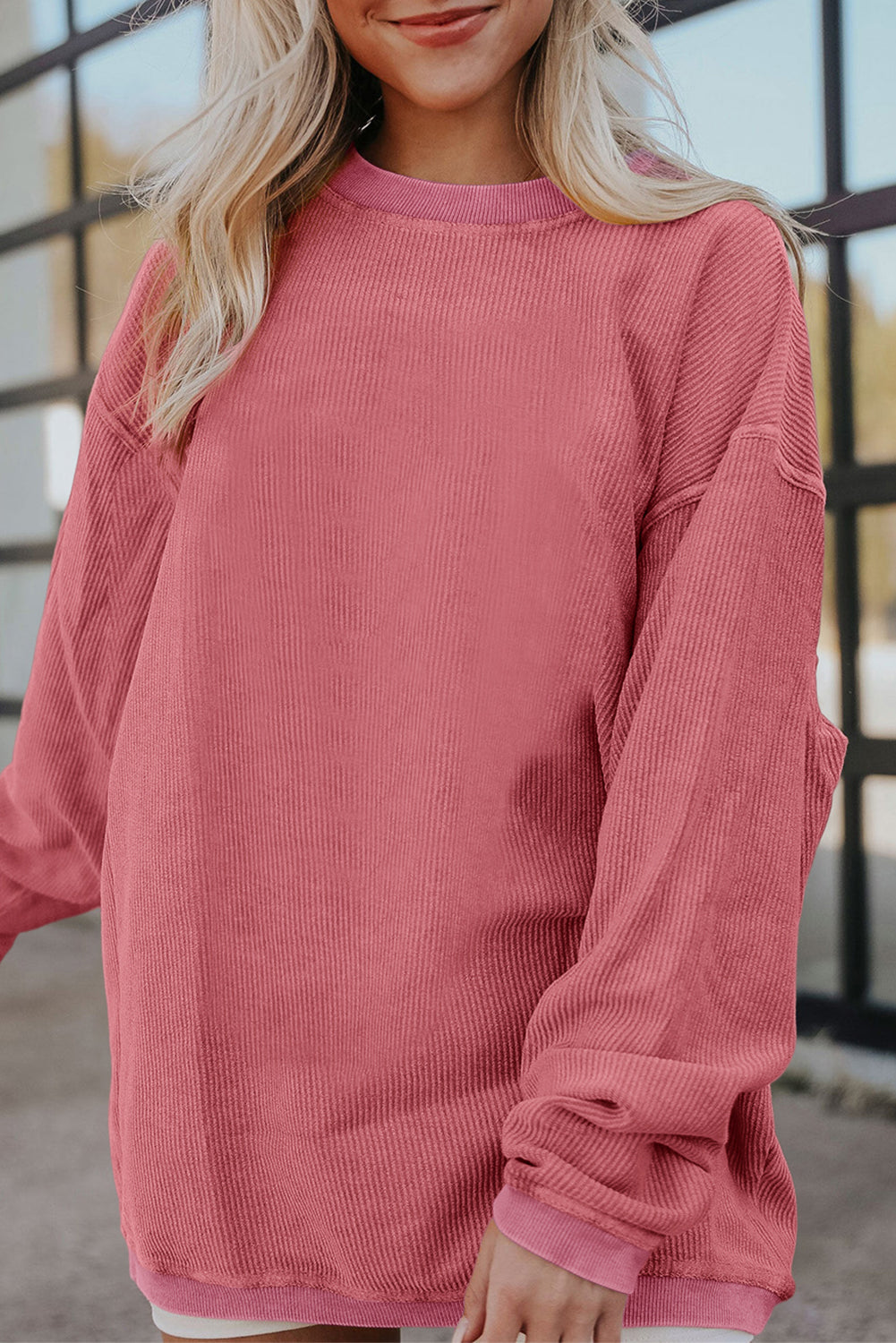 Chestnut Ribbed Corduroy Oversized Sweatshirt-Tops/Sweatshirts & Hoodies-[Adult]-[Female]-Strawberry Pink-S-2022 Online Blue Zone Planet