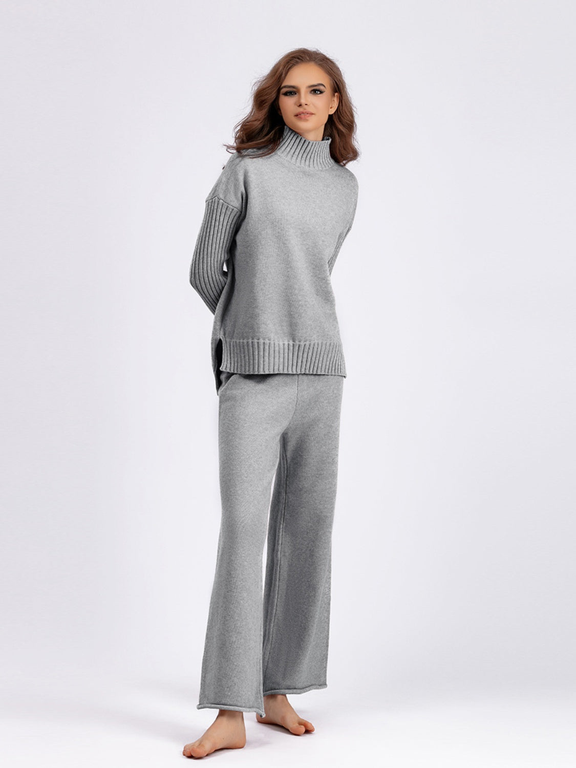 Blue Zone Planet | Basic Bae High- Low Turtleneck Long Sleeve Top and Pants Sweater Set-TOPS / DRESSES-[Adult]-[Female]-Gray-One Size-2022 Online Blue Zone Planet