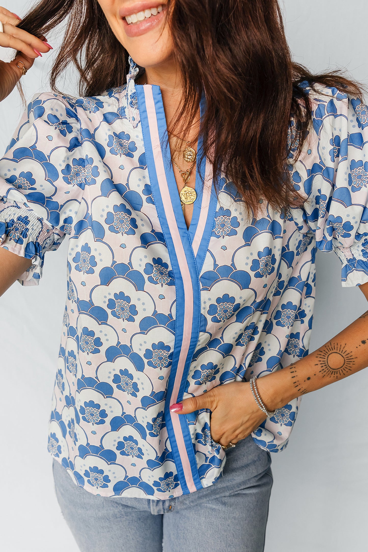 Sky Blue Floral Print Flounced Short Sleeve Contrast Trim V Neck Blouse-Tops/Blouses & Shirts-[Adult]-[Female]-2022 Online Blue Zone Planet