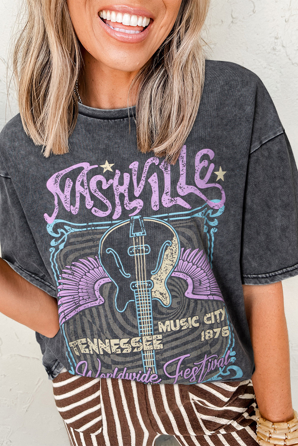Black Vintage Nashville Tennessee Graphic Mineral Washed Plus Size Tee-Tops/Tops & Tees-[Adult]-[Female]-Black-S-2022 Online Blue Zone Planet