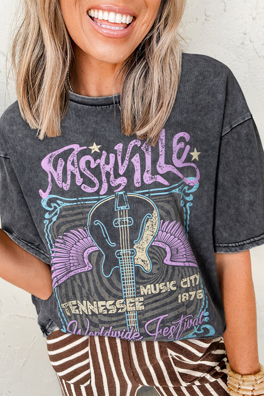 Black Vintage Nashville Tennessee Graphic Mineral Washed Plus Size Tee-Tops/Tops & Tees-[Adult]-[Female]-Black-S-2022 Online Blue Zone Planet