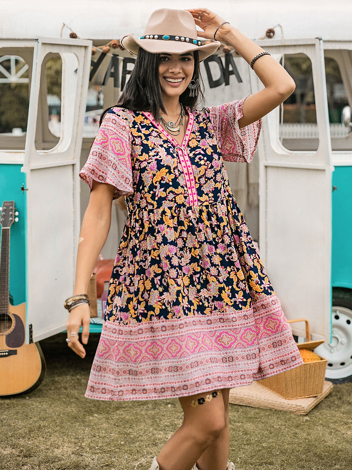 Printed V-Neck Short Sleeve Dress-TOPS / DRESSES-[Adult]-[Female]-Blush Pink-S-2022 Online Blue Zone Planet