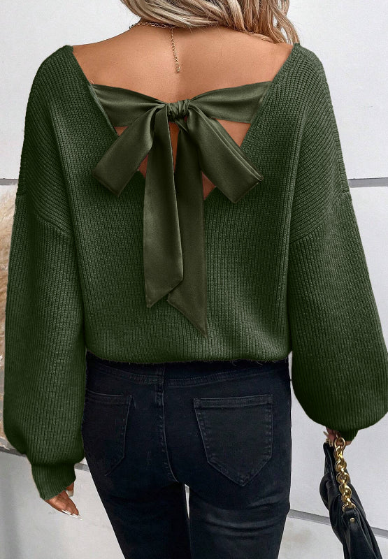 Tied Back V-Neck Long Sleeve Sweater-TOPS / DRESSES-[Adult]-[Female]-Dark Green-S-2022 Online Blue Zone Planet