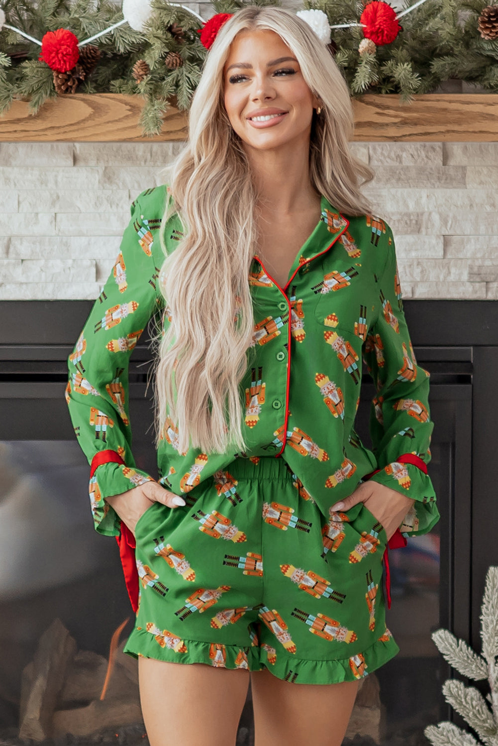 Green Christmas Candy Contrast Trim Bow Knot Silky 2pcs Pajama Set-Sleepwear-[Adult]-[Female]-2022 Online Blue Zone Planet