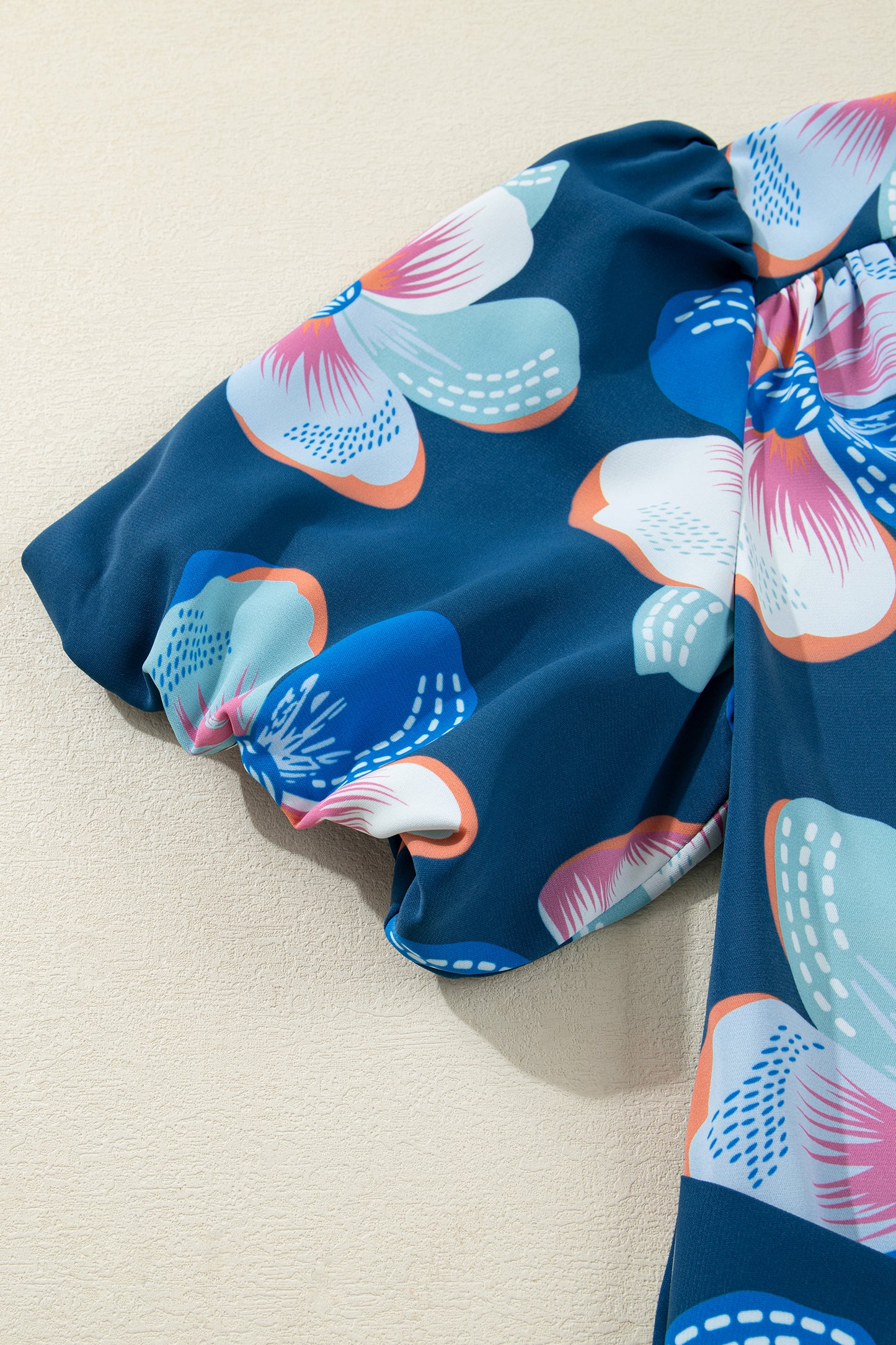 Blue Floral Print Short Puff Sleeve Ruffle Hem Belted Long Dress-TOPS / DRESSES-[Adult]-[Female]-2022 Online Blue Zone Planet