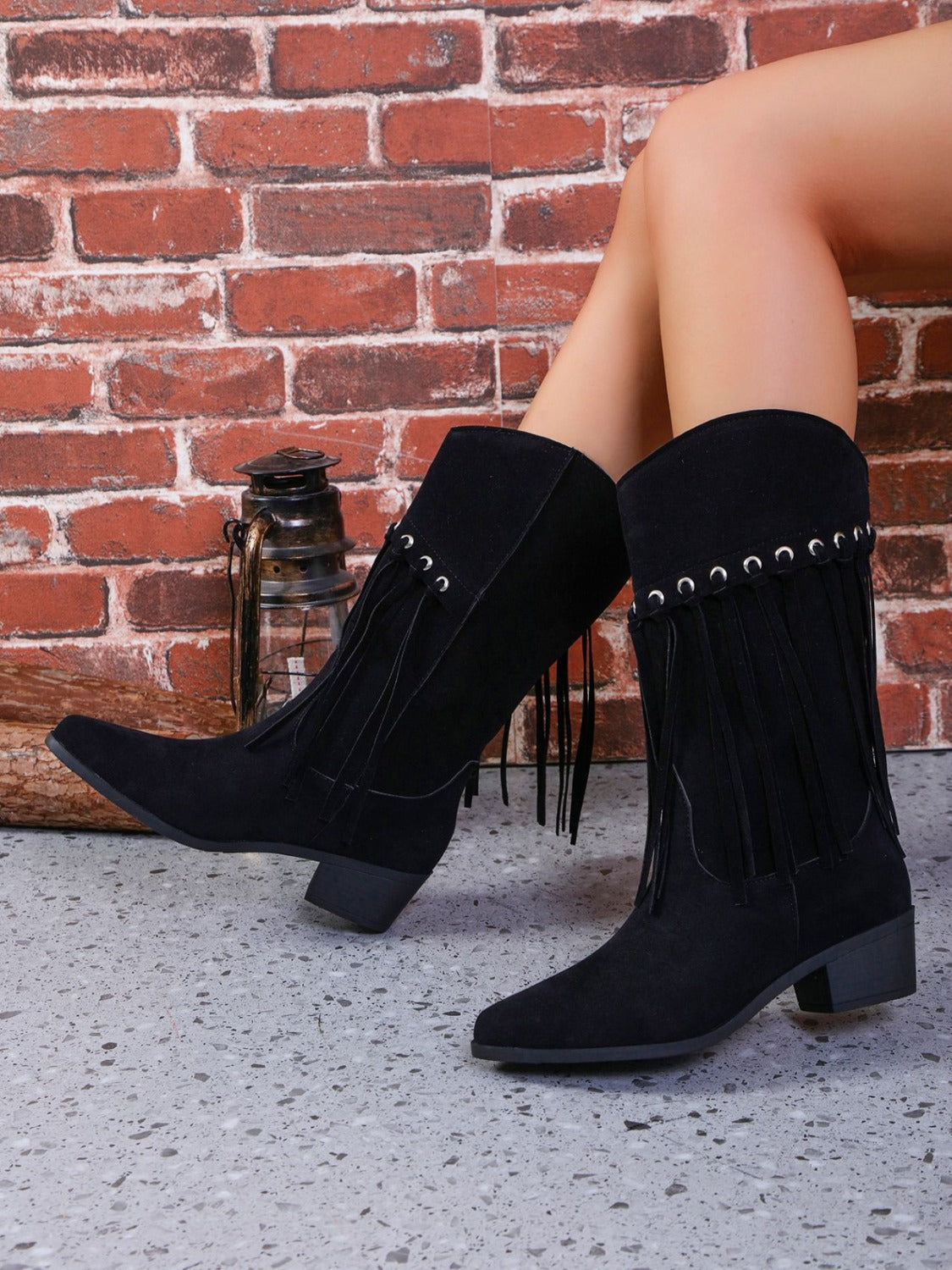 Fringe Suede Point Toe Block Heel Boots-COWBOY BOOTS-[Adult]-[Female]-2022 Online Blue Zone Planet