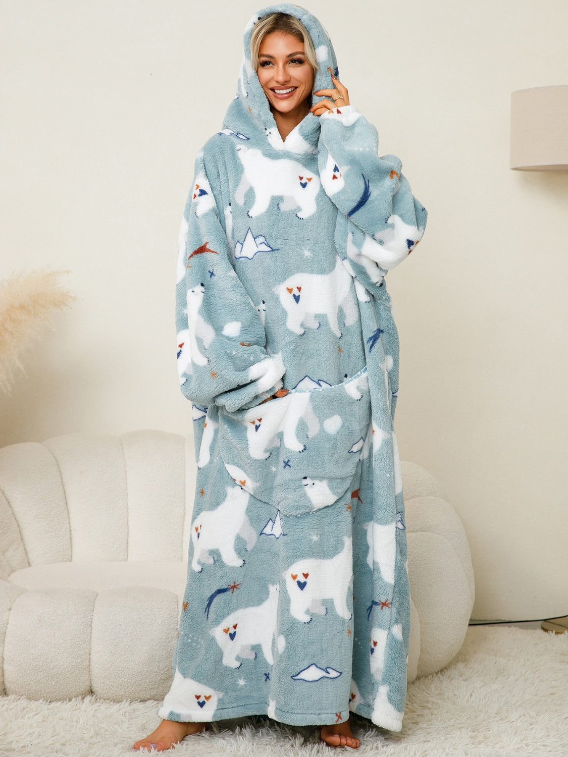 Fuzzy Pocketed Long Sleeve Hooded Lounge Dress-BOTTOMS SIZES SMALL MEDIUM LARGE-[Adult]-[Female]-Air Force Blue-One Size-2022 Online Blue Zone Planet