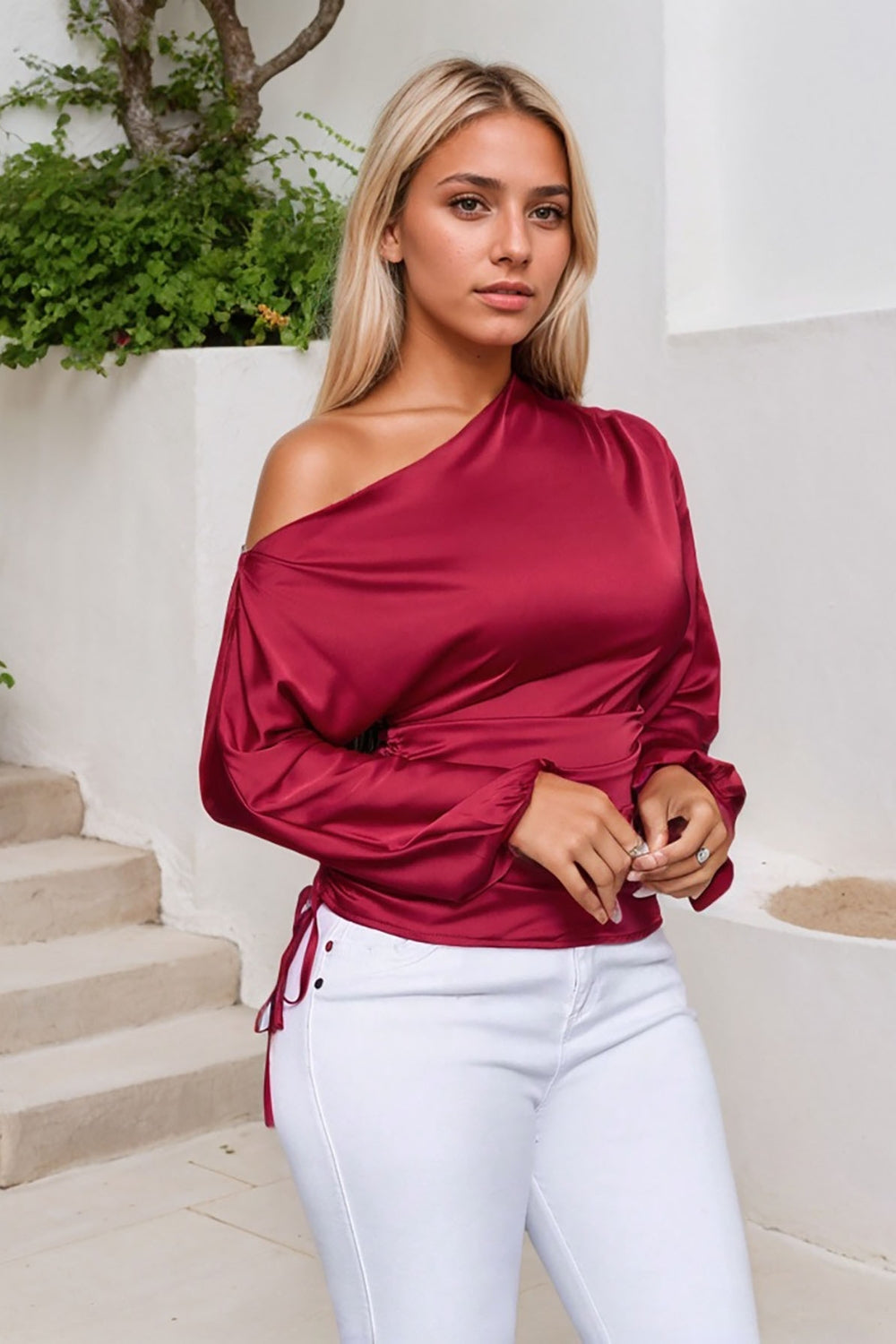 Drawstring One Shoulder Long Sleeve Blouse-TOPS / DRESSES-[Adult]-[Female]-2022 Online Blue Zone Planet