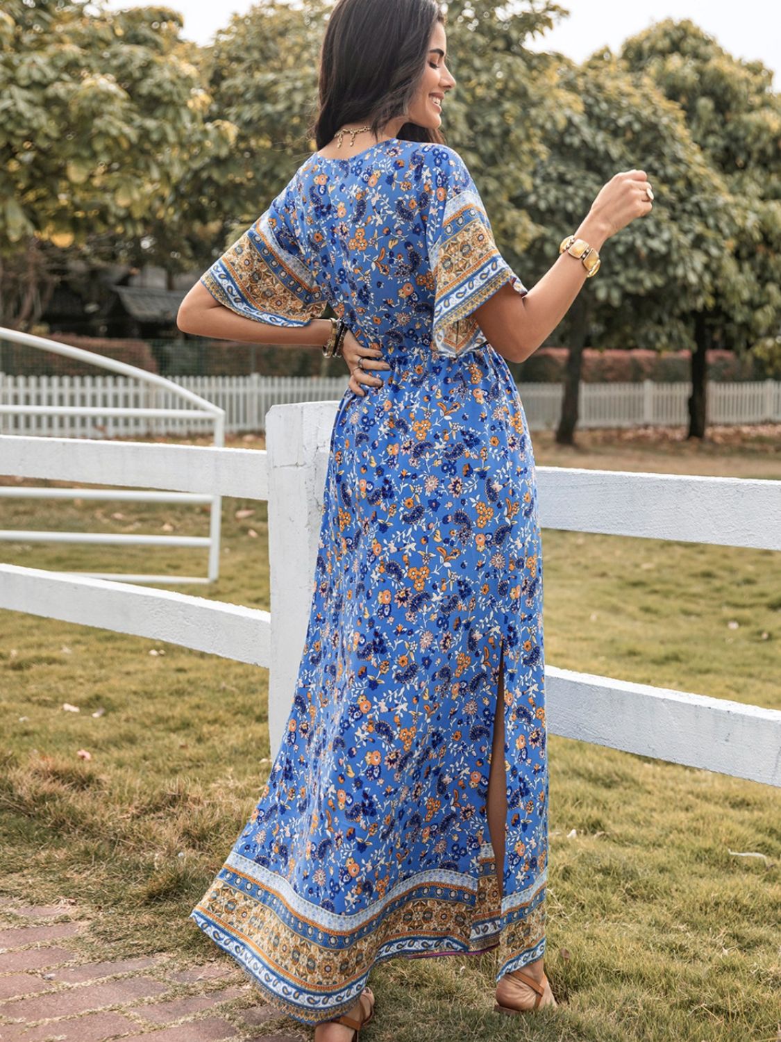 Blue Zone Planet | Slit Printed V-Neck Half Sleeve Maxi Dress-TOPS / DRESSES-[Adult]-[Female]-2022 Online Blue Zone Planet