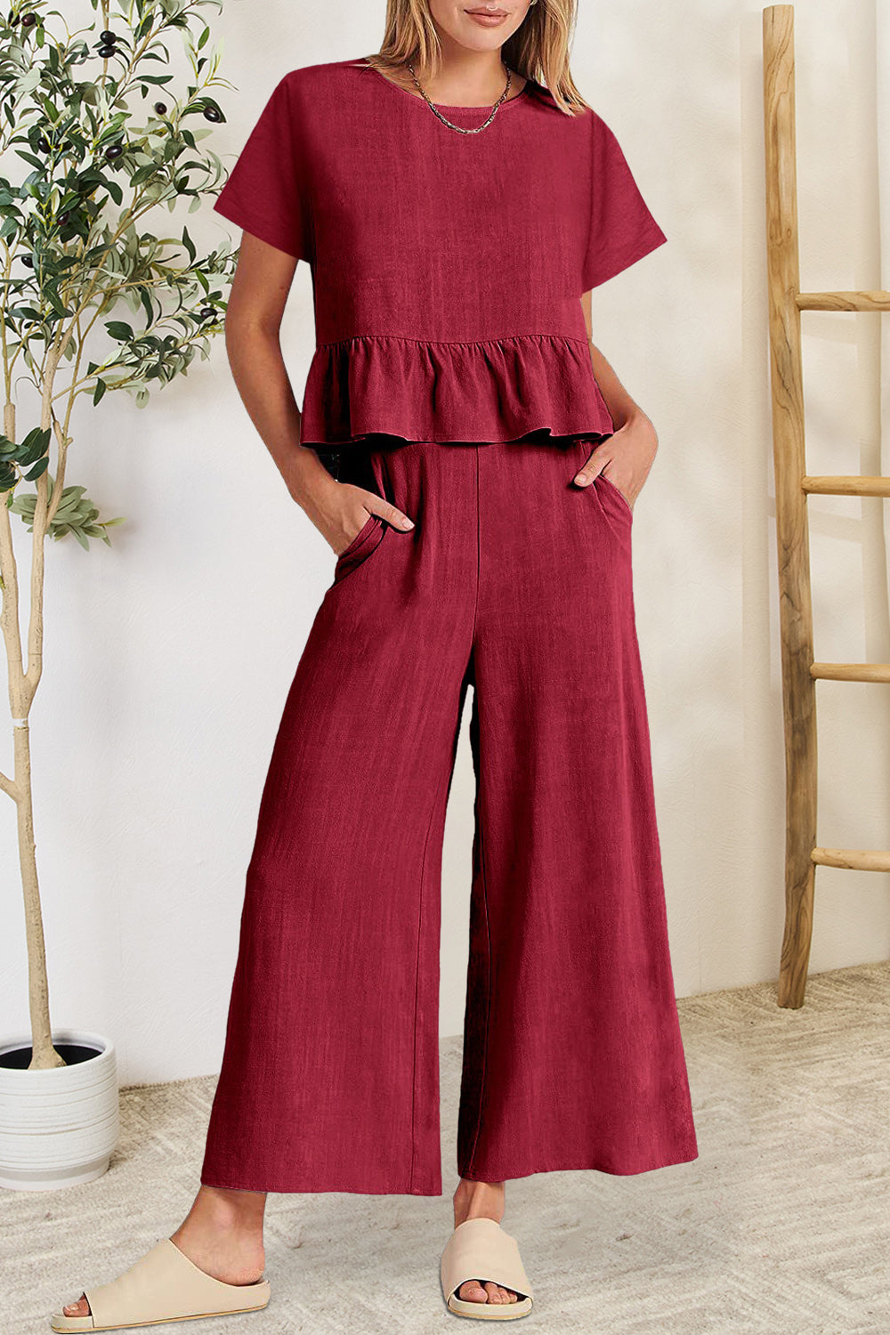 Blue Zone Planet | Peplum Round Neck Short Sleeve Top and Pants Set-TOPS / DRESSES-[Adult]-[Female]-Deep Red-S-2022 Online Blue Zone Planet