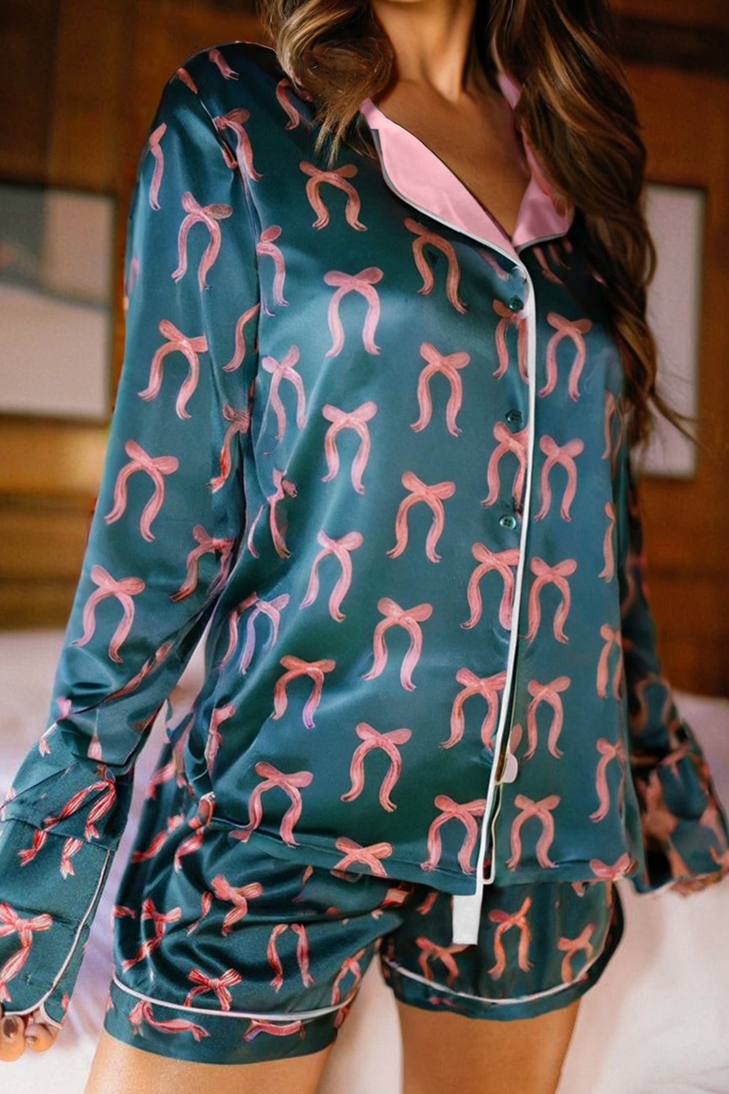 Green Ribbon Bow Print Silky Long Sleeve Shirt and Shorts 2pcs Pajama Set-Loungewear & Sleepwear/Sleepwear-[Adult]-[Female]-2022 Online Blue Zone Planet