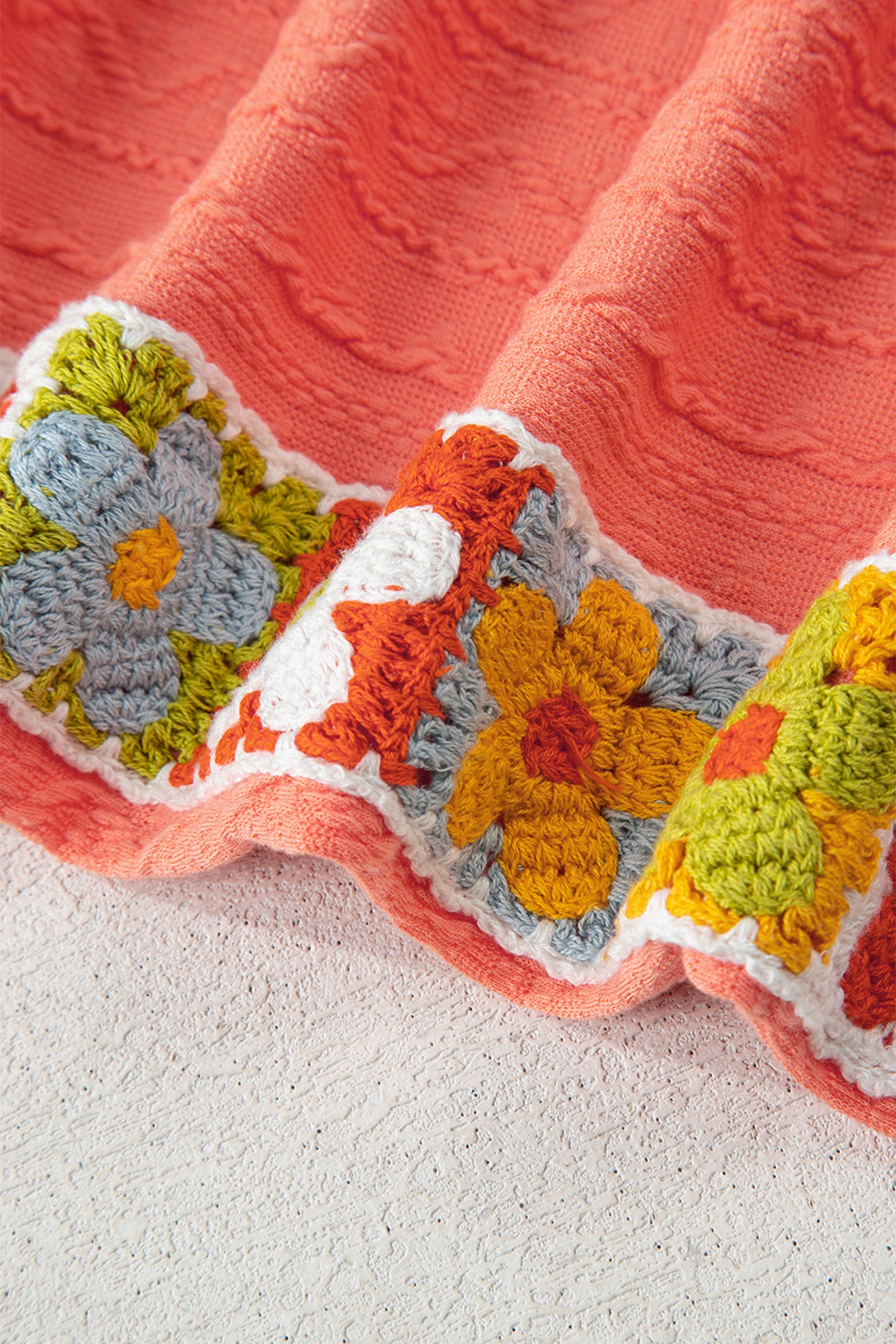 Grapefruit Orange Crochet Floral Accent V Neck Textured Pants Set-Two Piece Sets/Pant Sets-[Adult]-[Female]-2022 Online Blue Zone Planet