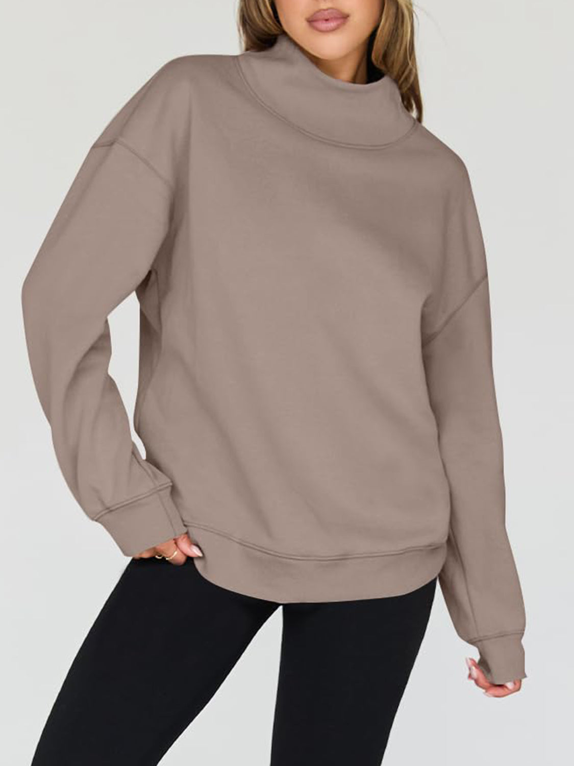 Blue Zone Planet | Mock Neck Drop Shoulder Long Sleeve Sweatshirt-TOPS / DRESSES-[Adult]-[Female]-Mocha-S-2022 Online Blue Zone Planet