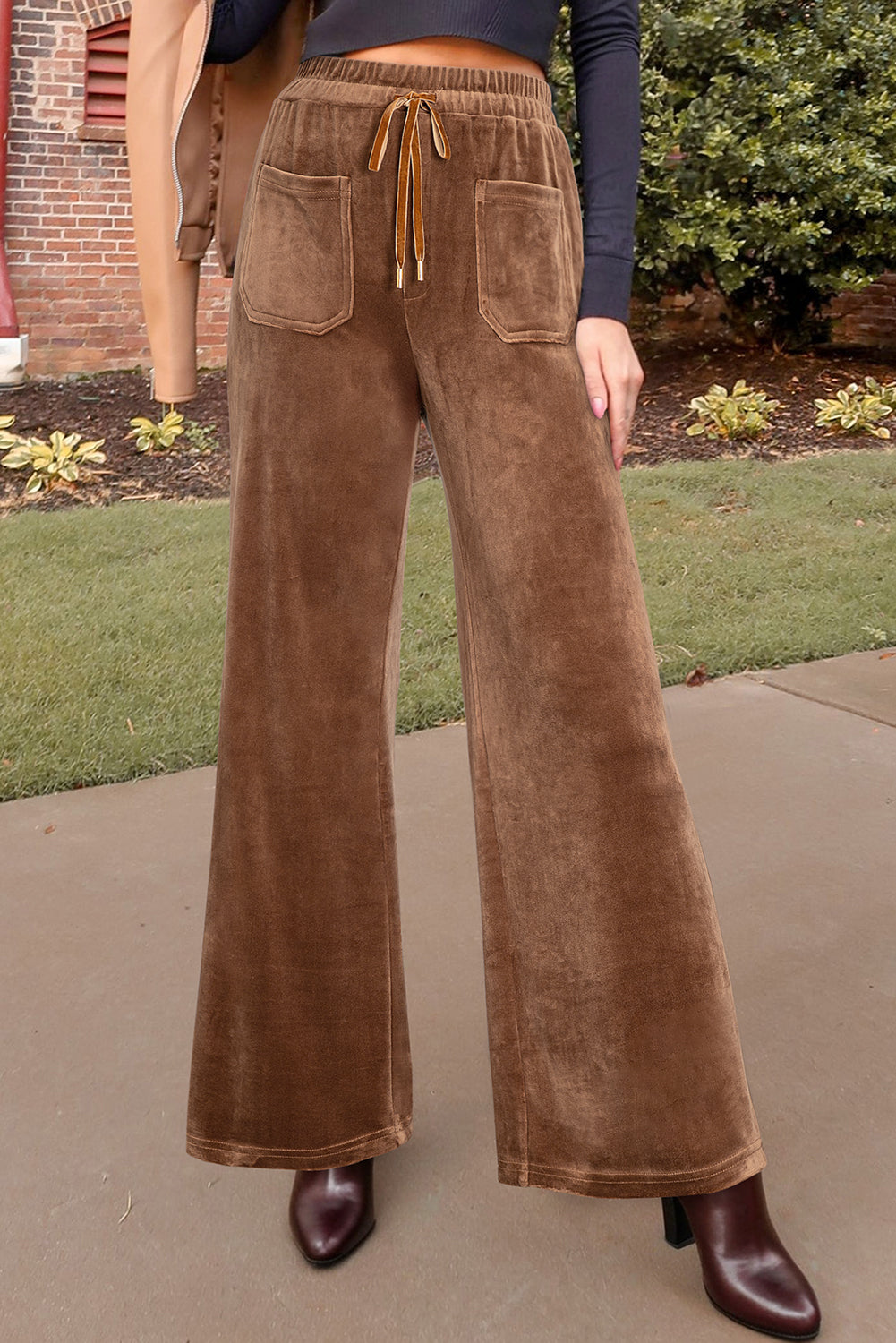 Coffee Straight Loose Drawstring Elastic High Waist Fleece Pants-Bottoms/Pants & Culotte-[Adult]-[Female]-2022 Online Blue Zone Planet