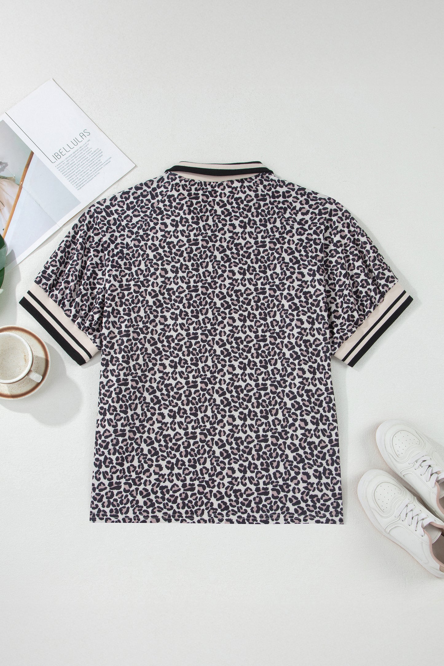 Brown Plus Size Leopard Print Striped Webbing Patchwork Half Zip Blouse-Plus Size/Plus Size Tops/Plus Size Blouses & Shirts-[Adult]-[Female]-2022 Online Blue Zone Planet