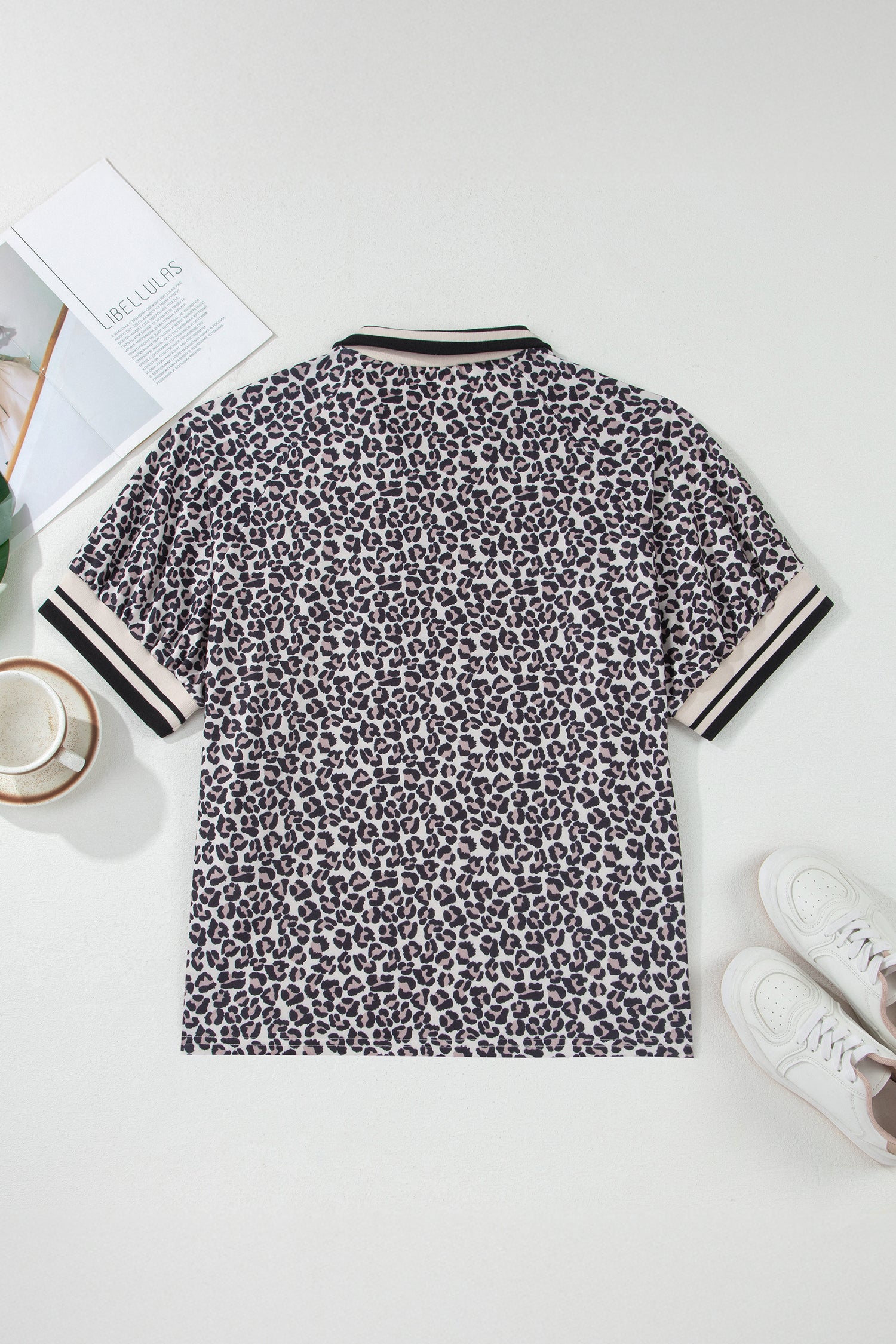Brown Plus Size Leopard Print Striped Webbing Patchwork Half Zip Blouse-Plus Size/Plus Size Tops/Plus Size Blouses & Shirts-[Adult]-[Female]-2022 Online Blue Zone Planet