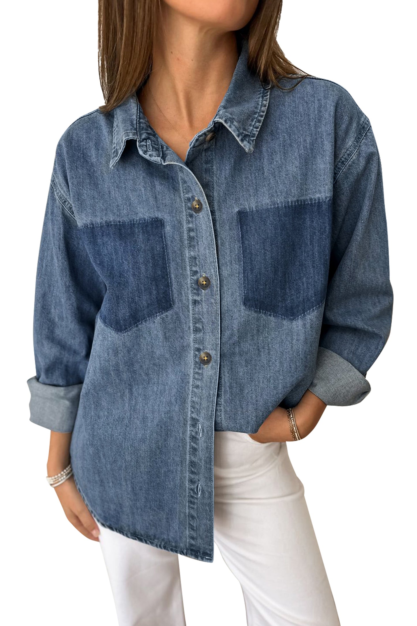 Sky Blue Color Block Pocket Detail Casual Button Down Denim Shirt-Tops/Blouses & Shirts-[Adult]-[Female]-2022 Online Blue Zone Planet