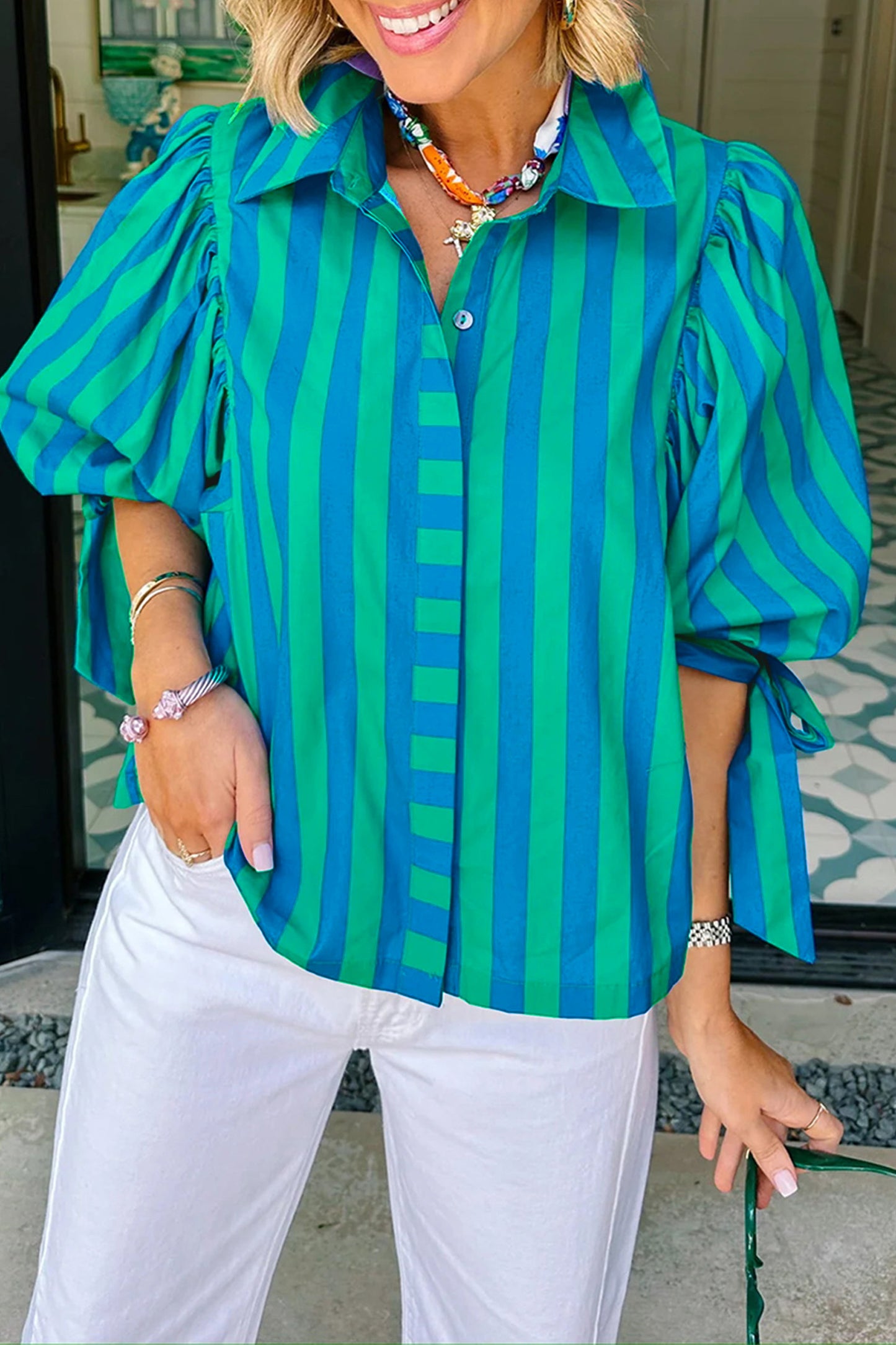 Blue Stripe Tie Puff Sleeve Womens Button Down Shirt-Tops/Blouses & Shirts-[Adult]-[Female]-Blue Stripe-S-2022 Online Blue Zone Planet