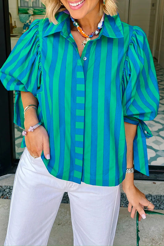 Blue Stripe Tie Puff Sleeve Womens Button Down Shirt-Tops/Blouses & Shirts-[Adult]-[Female]-Blue Stripe-S-2022 Online Blue Zone Planet