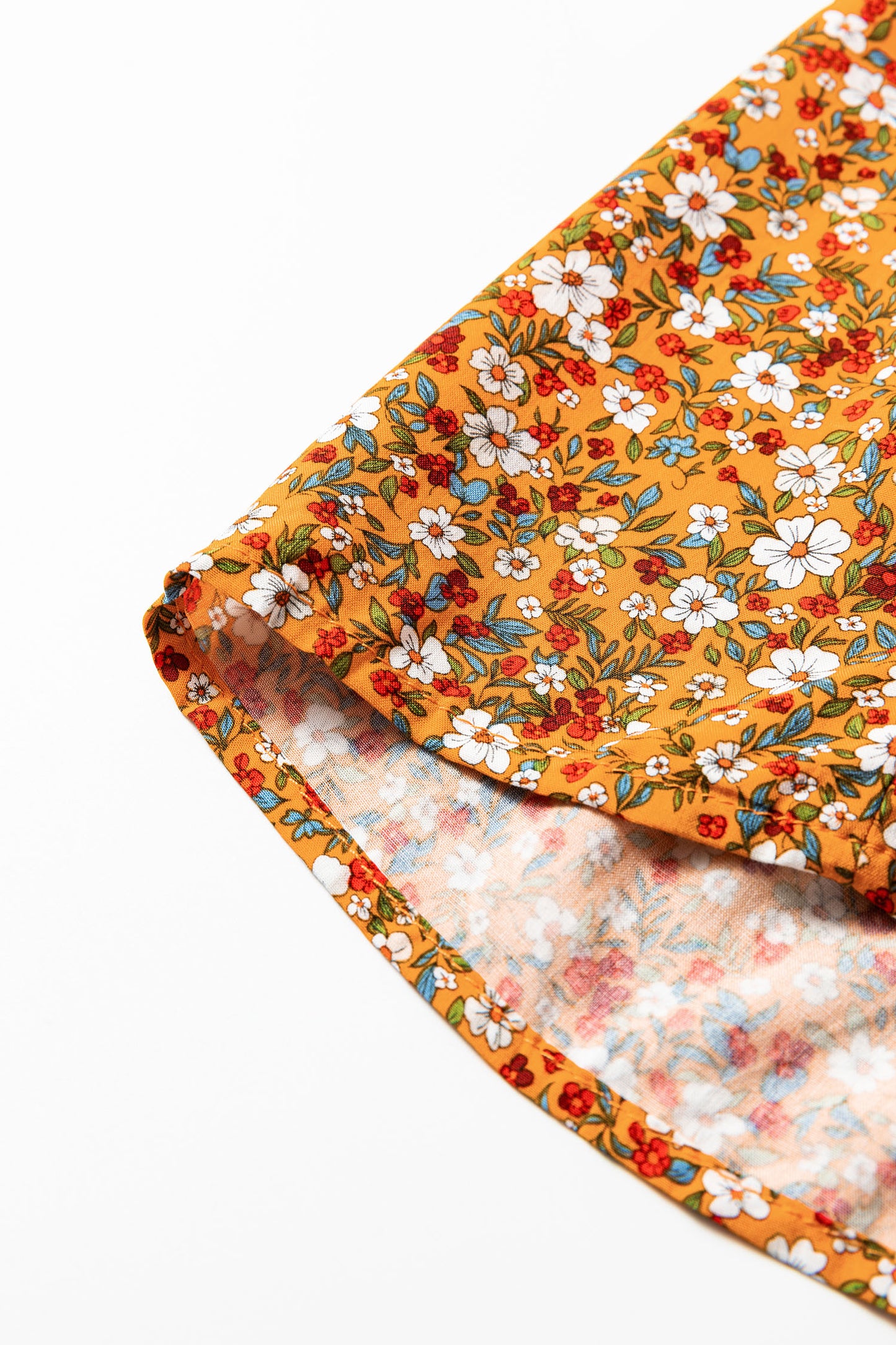 Orange Boho Floral Ruffled Bubble Sleeve V Neck Fall Blouse-Tops/Blouses & Shirts-[Adult]-[Female]-2022 Online Blue Zone Planet