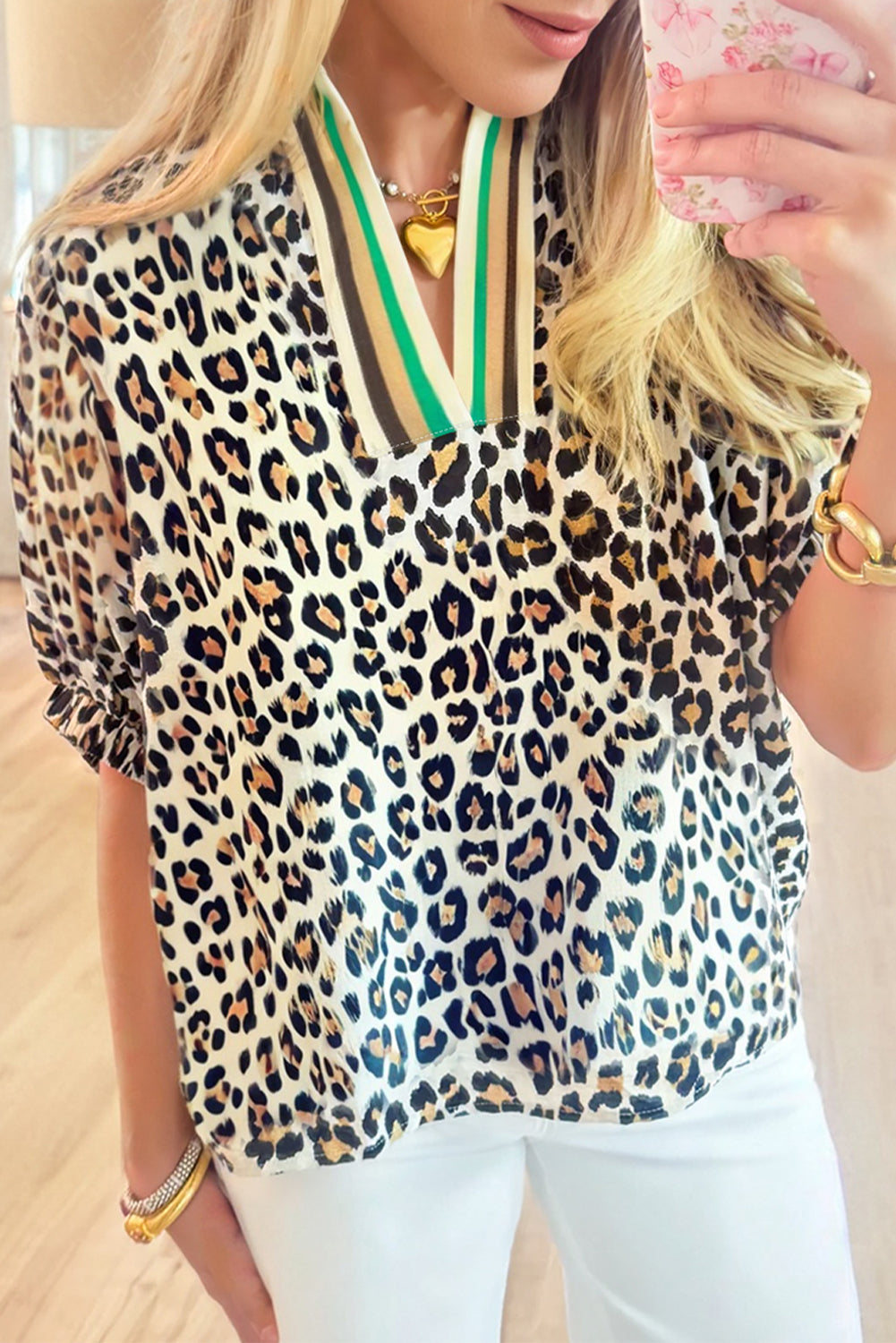Khaki Leopard Color Block Contrast Striped V Neck Half Sleeve Loose Fit Blouse-Tops/Blouses & Shirts-[Adult]-[Female]-Khaki-S-2022 Online Blue Zone Planet