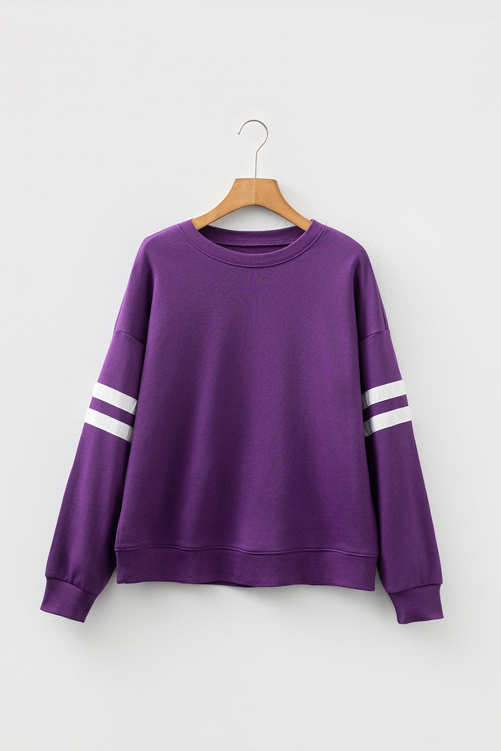 Tillandsia Purple Varsity Striped Detail Drop Shoulder Oversized Sweatshirt-Tops/Sweatshirts & Hoodies-[Adult]-[Female]-2022 Online Blue Zone Planet