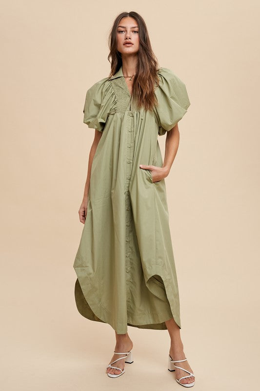 Annie Wear Smocked Puff Sleeve Midi Dress-TOPS / DRESSES-[Adult]-[Female]-Desert Sage-S-2022 Online Blue Zone Planet