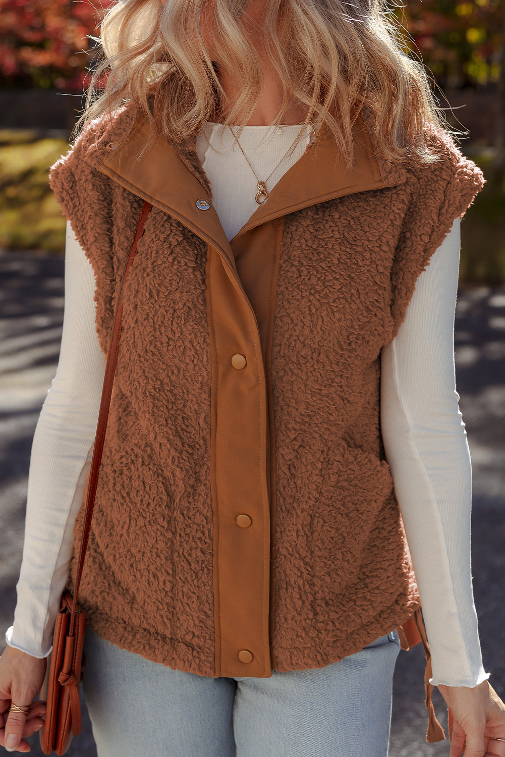 Cinnamon Faux Fur Snap Button Front Knot Side Plush Vest With Pockets-Outerwear/Vests-[Adult]-[Female]-2022 Online Blue Zone Planet