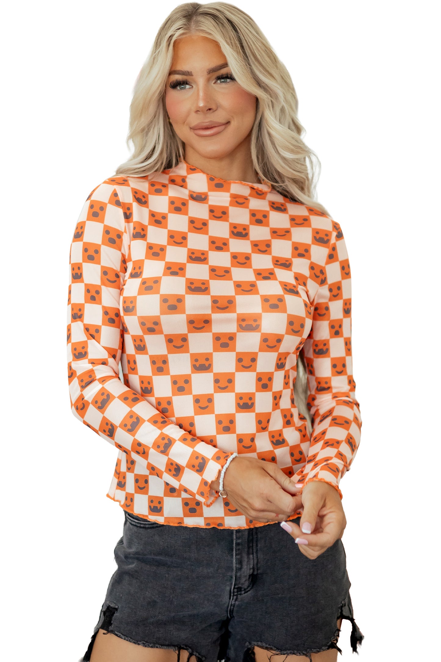 Orange Abstract Halloween Pattern Long Sleeve Stand Neck Shift Blouse