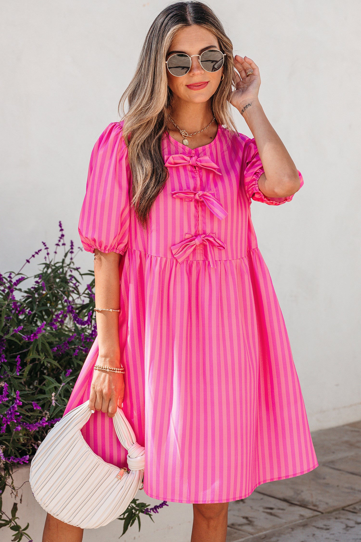 Rose Striped Print Bow Detail Short Puff Sleeve Mini Dress-TOPS / DRESSES-[Adult]-[Female]-2022 Online Blue Zone Planet