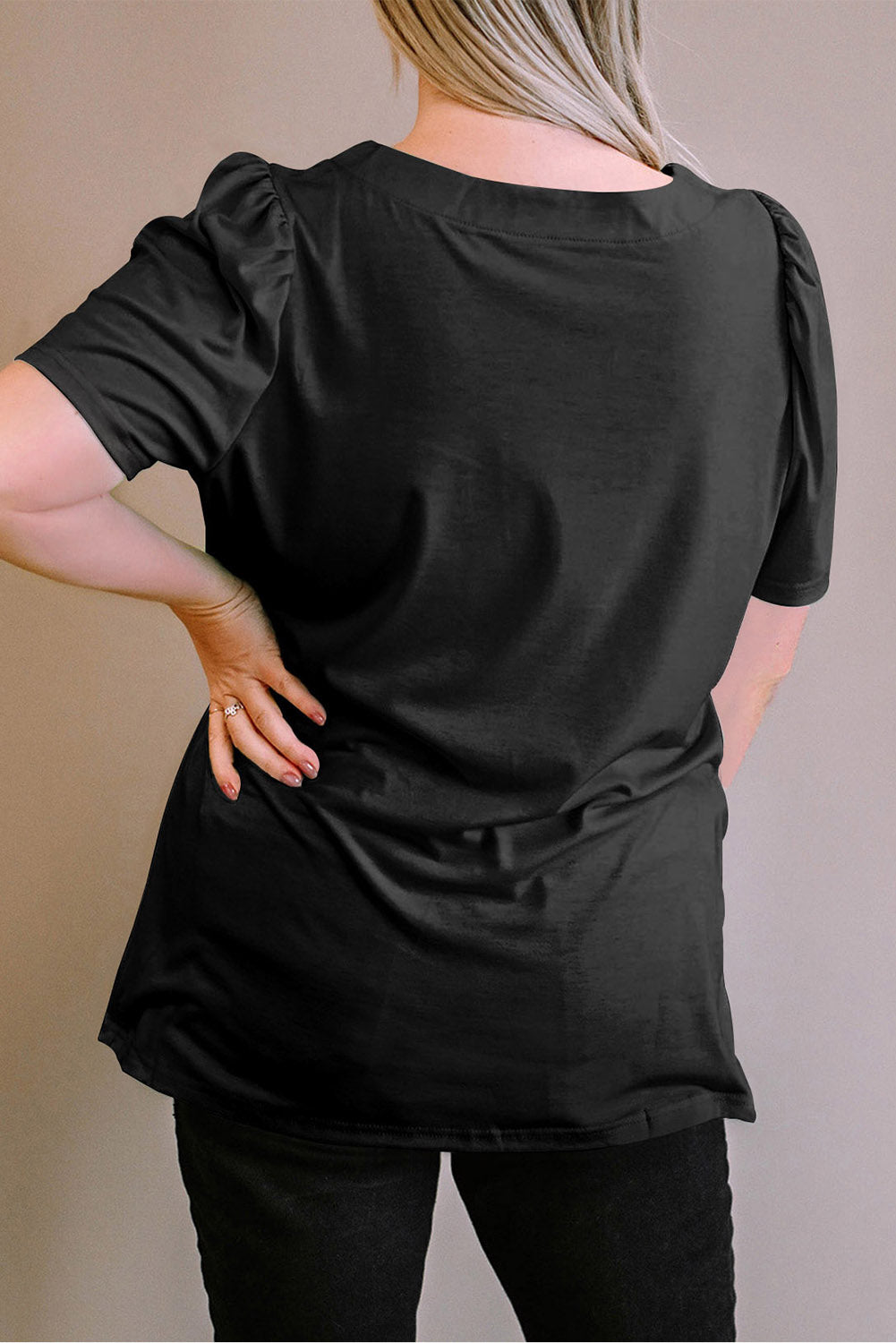Black Plus Size Square Neck Ruched Shoulder Short Sleeve Top-Sale (50% OFF)/20% OFF-[Adult]-[Female]-2022 Online Blue Zone Planet
