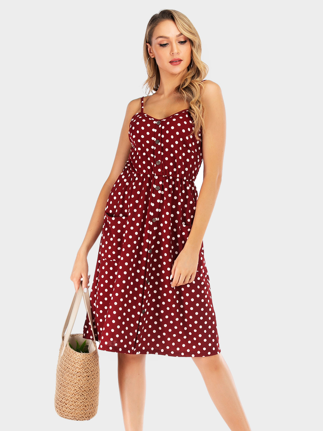 Perfee Polka Dot Sweetheart Neck Dress with Pockets-TOPS / DRESSES-[Adult]-[Female]-Burgundy-S-2022 Online Blue Zone Planet