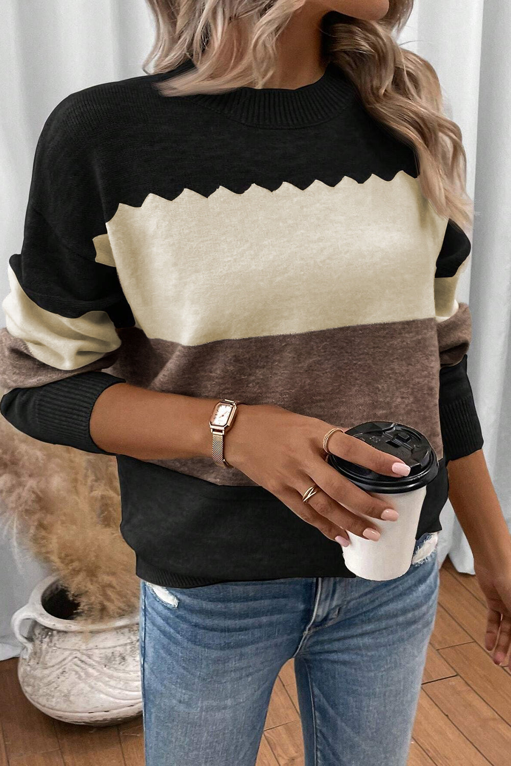 Black Colorblock Crew Neck Drop Shoulder Sweater-Sweaters & Cardigans/Sweaters-[Adult]-[Female]-2022 Online Blue Zone Planet
