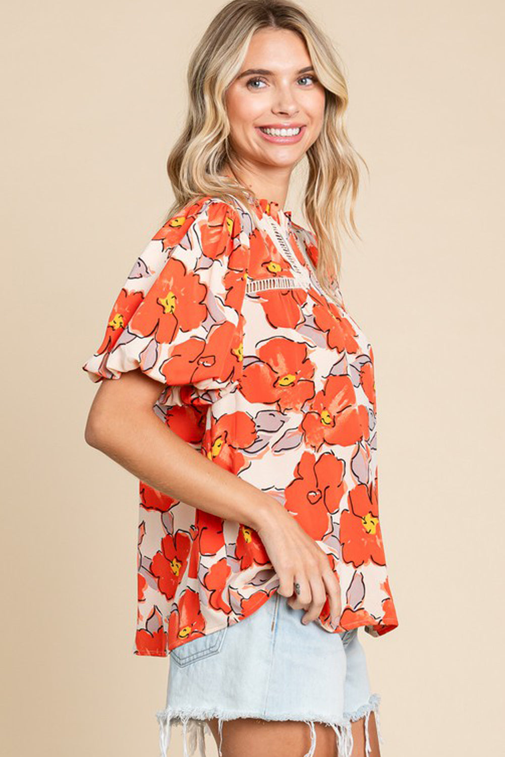 Orange Floral Bubble Sleeve Frill Neck Loose Blouse-Tops/Blouses & Shirts-[Adult]-[Female]-2022 Online Blue Zone Planet