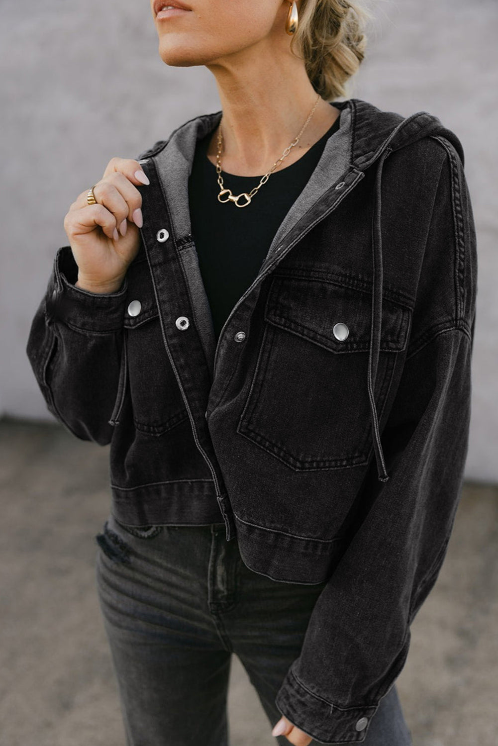Black Big Chest Pocket Drop Shoulder Hooded Denim Jacket-Outerwear/Denim jackets-[Adult]-[Female]-Black-S-2022 Online Blue Zone Planet