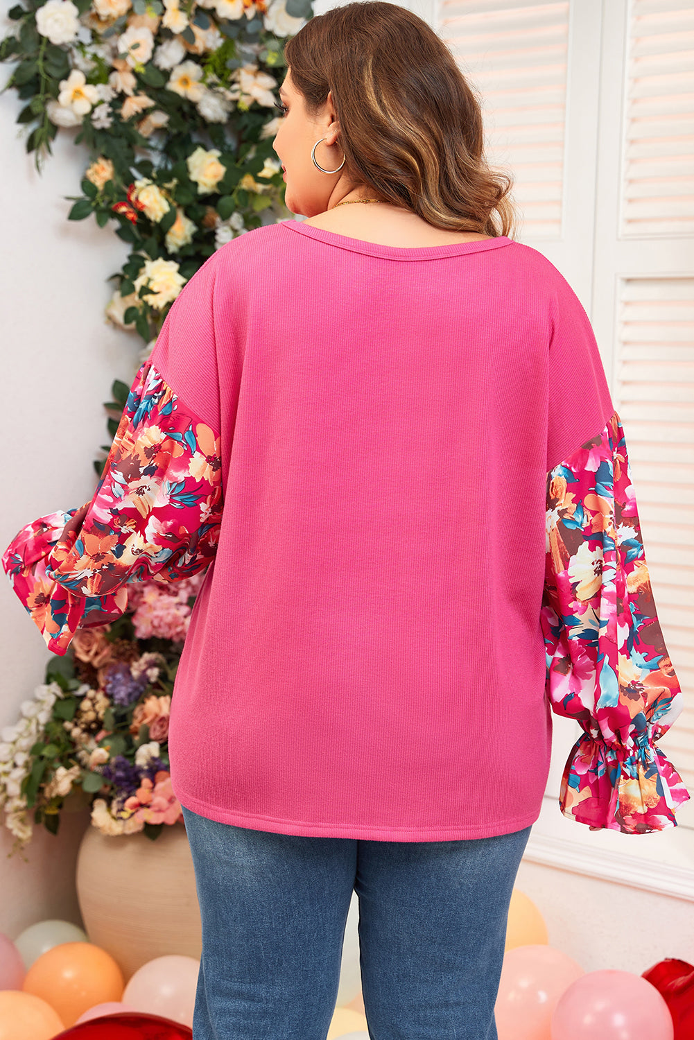 Bright Pink Floral Patchwork Flounce Sleeve Rib Knit Plus Top-Plus Size/Plus Size Tops/Plus Size Long Sleeve Tops-[Adult]-[Female]-2022 Online Blue Zone Planet