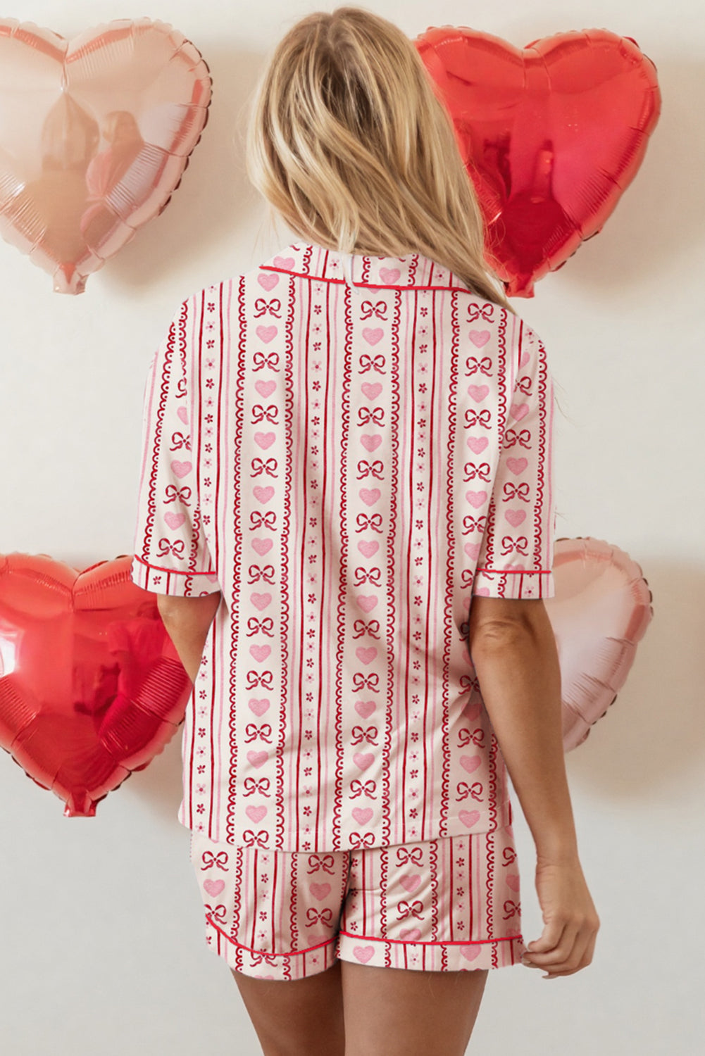 Red Cute Valentine Bow Heart Print Ribbon Decor Pajama Set-Loungewear Set-[Adult]-[Female]-2022 Online Blue Zone Planet