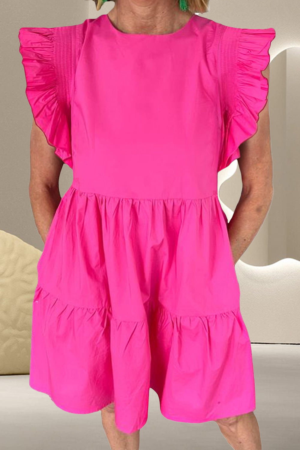 Ruffled Round Neck Cap Sleeve Mini Dress-TOPS / DRESSES-[Adult]-[Female]-Hot Pink-M-2022 Online Blue Zone Planet